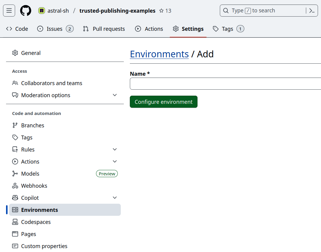 GitHub settings dialog showing how to add the "pypi" environment under "Settings" -> "Environments"